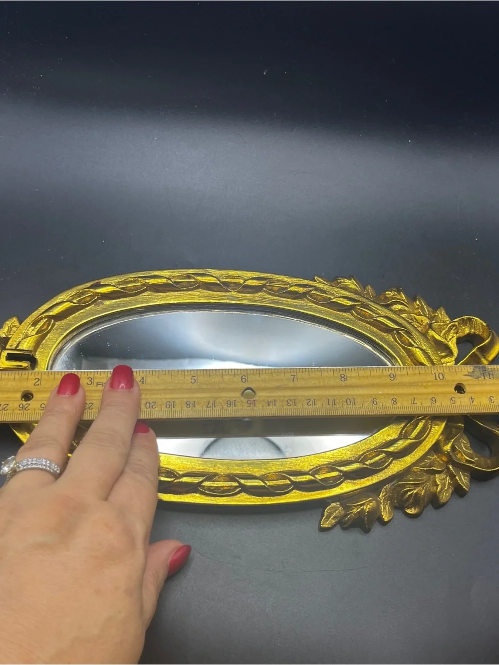 Vintage Pressed Wood and Plastic Elegant Golden Bow Oval Mirror 6” x 12”